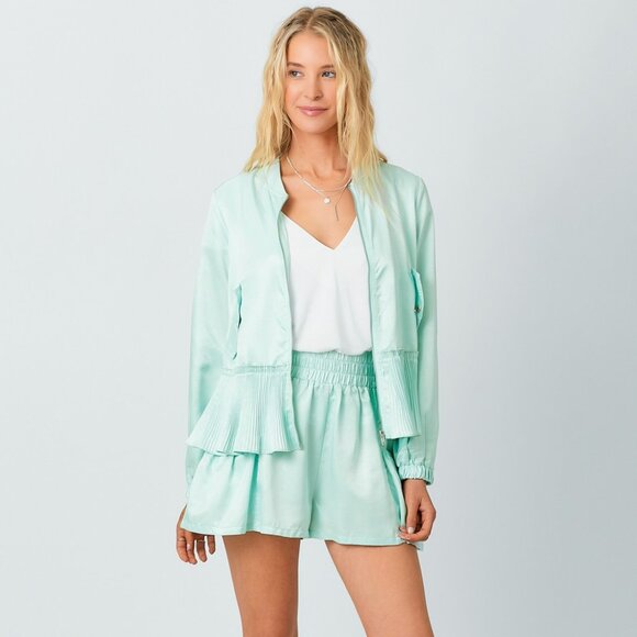 MYSTREE Mint Green Pleated Hem Bomber Jacket, Satin Zip-Up Lightweight Jacket - Picture 6 of 7